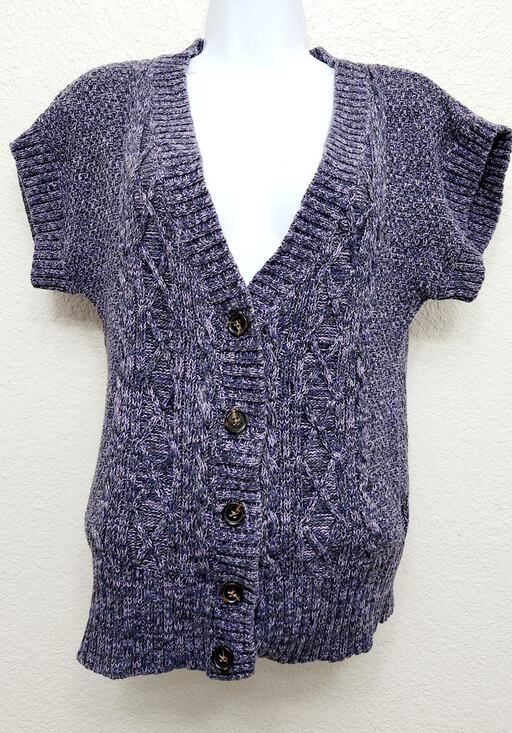 Tommy Hilfiger Sweaters - Tommy Hilfiger Purple Black Marled Cable Knit Cardigan Sweater Small Cap Sleeves